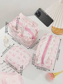 1Pc Pink Bow Knot And Floral Pattern Quilted Multifunctional Cosmetic Organizer Handbag Bath Shower Wallet Pouch Portable Cosmetics Brush Storage Clutch With Zipper Closure For Lipstick, Brush, Skincare, Mobile Phone, Coin, Small Items, For Home, Travel, Vacation And School Use,Makeup Bag Makeup Travel Essentials Travel Accessories Travel Must Haves