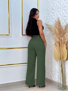 Wide Leg Tailored Dress Pants With Belt - Army Green - View 2