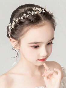 1 pieza Diadema de princesa con flor blanca, diadema de perlas para vestido de pelo de niña y niñas de las flores, linda banda de pelo de novia para boda, accesorios de pelo para niñas - Blanco - Ver 7