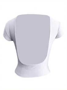 Women Short Sleeve Crop Tops Solid Color Ribbed Mock Neck Knitted Slim Fit T-Shirts Summer Backless Exposed Navel Shirts - 白色 - 查看 2