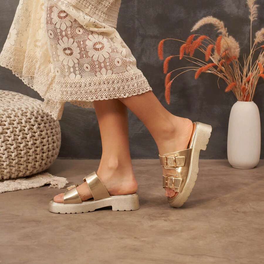 Chunky Sandals With Platform Sole And Double Buckle Straps - Gold - View 1