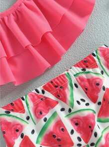 Traje de baño de bikini para niña, sin mangas, con cuello colgante, para playa, piscina, pantalones cortos, con sombrero - Rojo - Ver 6