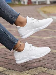 女士白色运动鞋，厚底休闲运动鞋，网布透气防滑学生鞋 - 白色 - 查看 4
