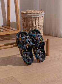 Black Graphic Print Slip-On Shower Sandals, Men's Quick-Dry Anti-Slip EVA Comfortable Slippers