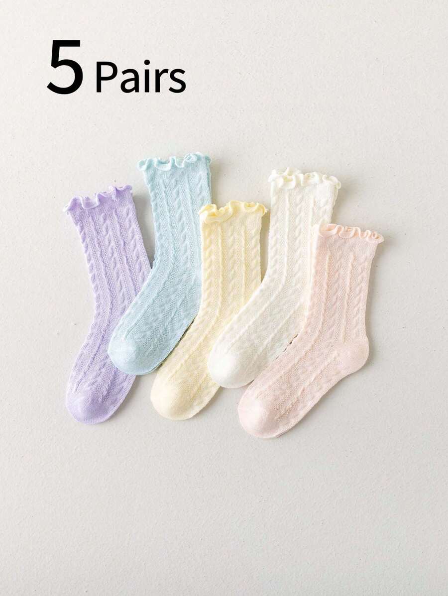 5 Pairs Girls Solid Color Net Lace Trim Mid-Calf Socks, Korean Ins Sweet Fresh Princess Lace Socks For School Students, Toddler-Big Kid