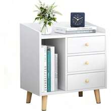 Mesita de Noche, Mesilla de Noche Multifuncional Muebles con 3 Cajones y Piernas Gabinete de Noche con Estante de Almacenamiento, para Dormitorios, Sofás, Camas, Oficinas (Blanco) - Blanco - Ver 7