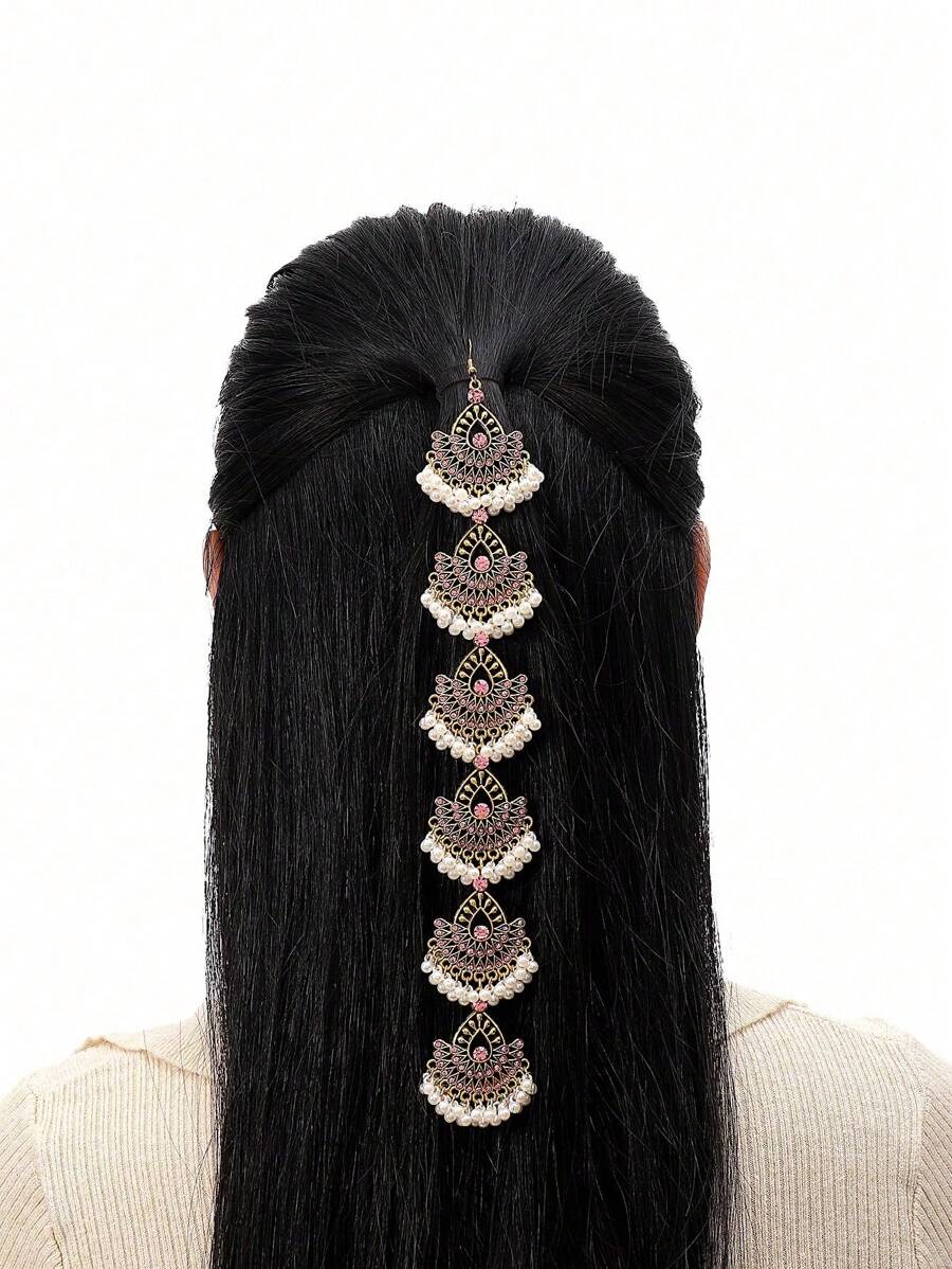 1件时尚复古中东风情水钻孔雀造型吊坠发链，优雅女士日常配饰，准新娘，女士发饰 - 銅色 - 查看 1