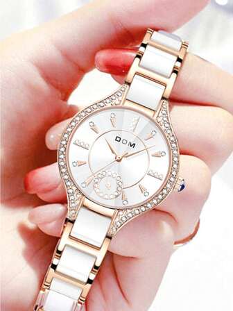 DOM 1pc Women's Fashion Rhinestone Decorated Waterproof Quartz Watch, Suitable For Daily Wear