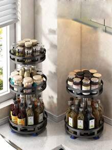 1 pieza Organizador giratorio de 360° para especias, estante de almacenamiento de acero negro para condimentos, aceite y vinagre - Elemento esencial para la organización de la cocina