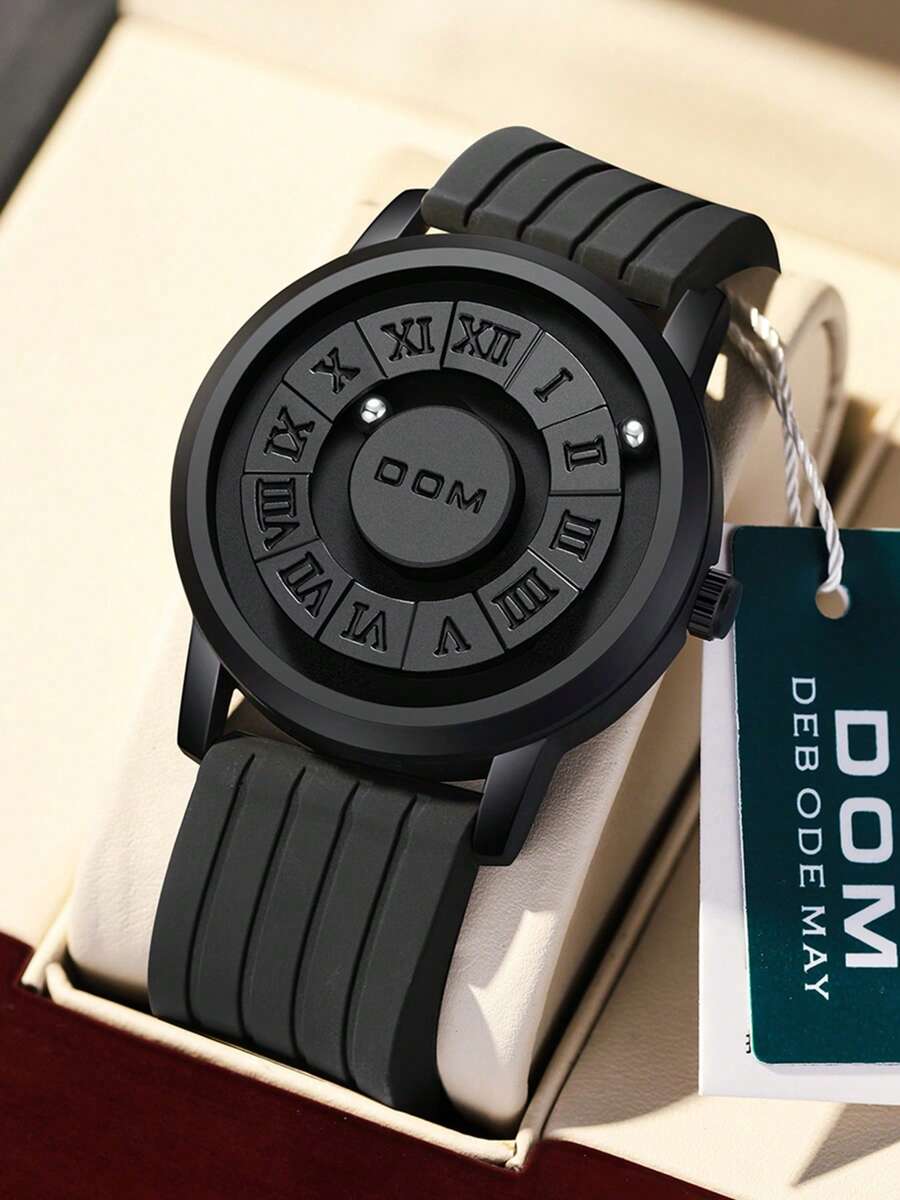 DOM 1pc Men's Fashionable Quartz Waterproof Watch With Magnetic Levitation Ball, Advanced Technology No-Dial Design, Personalized - Black - View 1