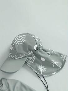 Kid Boy Rash Guard Swimsuit Coconut Tree Print Long Sleeve Mock Neck Zip Bathing Suit With Hat 2 Pcs Set - Army Green - View 6