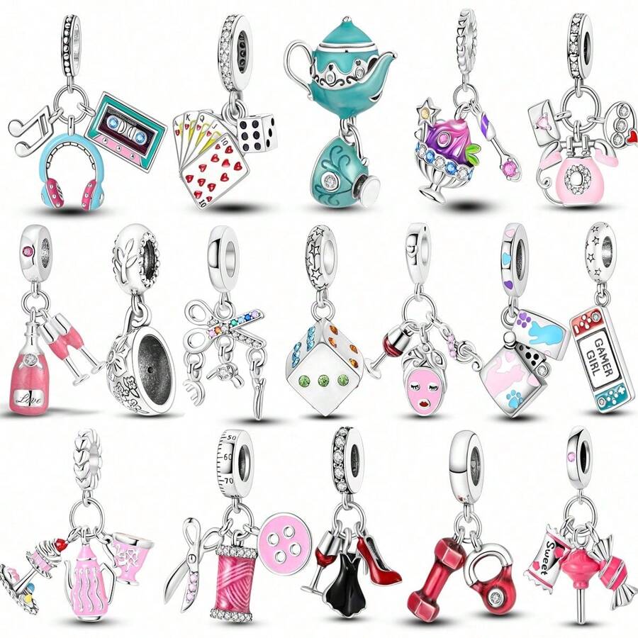 1Pc Silver Color Exquisite Modern Life Collection Champagne Phone Game Machine Lighter Candy Dumbbell Bead Charm Suitable For Original Bracelet Necklace Bangle Copper Silver Plated Diy Jewelry Making Beads Party Daily Wear