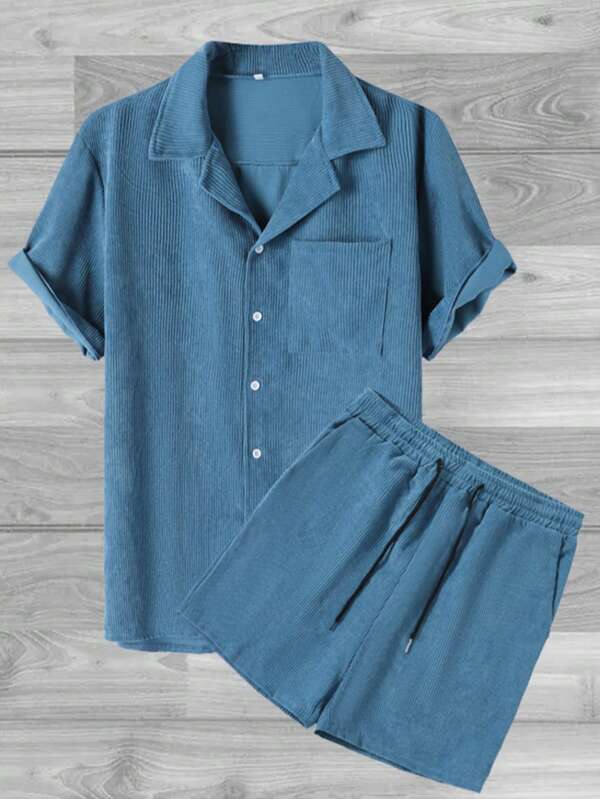 Men's Casual Solid Color Corduroy Short Sleeve Shirt And Shorts Set, Sports Suit
