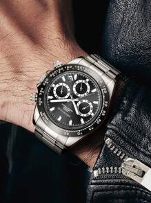 GUANQIN 1 szt. Wodoodporny zegarek ze świecącym chronografem i tarczą kalendarza, odporny na zużycie, pasek ze stali nierdzewnej, modny, biznesowy, luksusowy, wojskowy, klasyczny, swobodny, mechaniczny, męski, automatyczny, kwarcowy, odpowiedni na festiwale, randki, biznes, prezenty