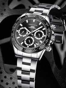 GUANQIN 1 szt. Wodoodporny zegarek ze świecącym chronografem i tarczą kalendarza, odporny na zużycie, pasek ze stali nierdzewnej, modny, biznesowy, luksusowy, wojskowy, klasyczny, swobodny, mechaniczny, męski, automatyczny, kwarcowy, odpowiedni na festiwale, randki, biznes, prezenty