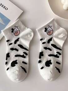 5 pares de calcetines casuales de mujer con patrón de dibujos animados, estilo japonés con diseño de vaca, versátiles, cómodos y transpirables - Multicolor - Ver 2