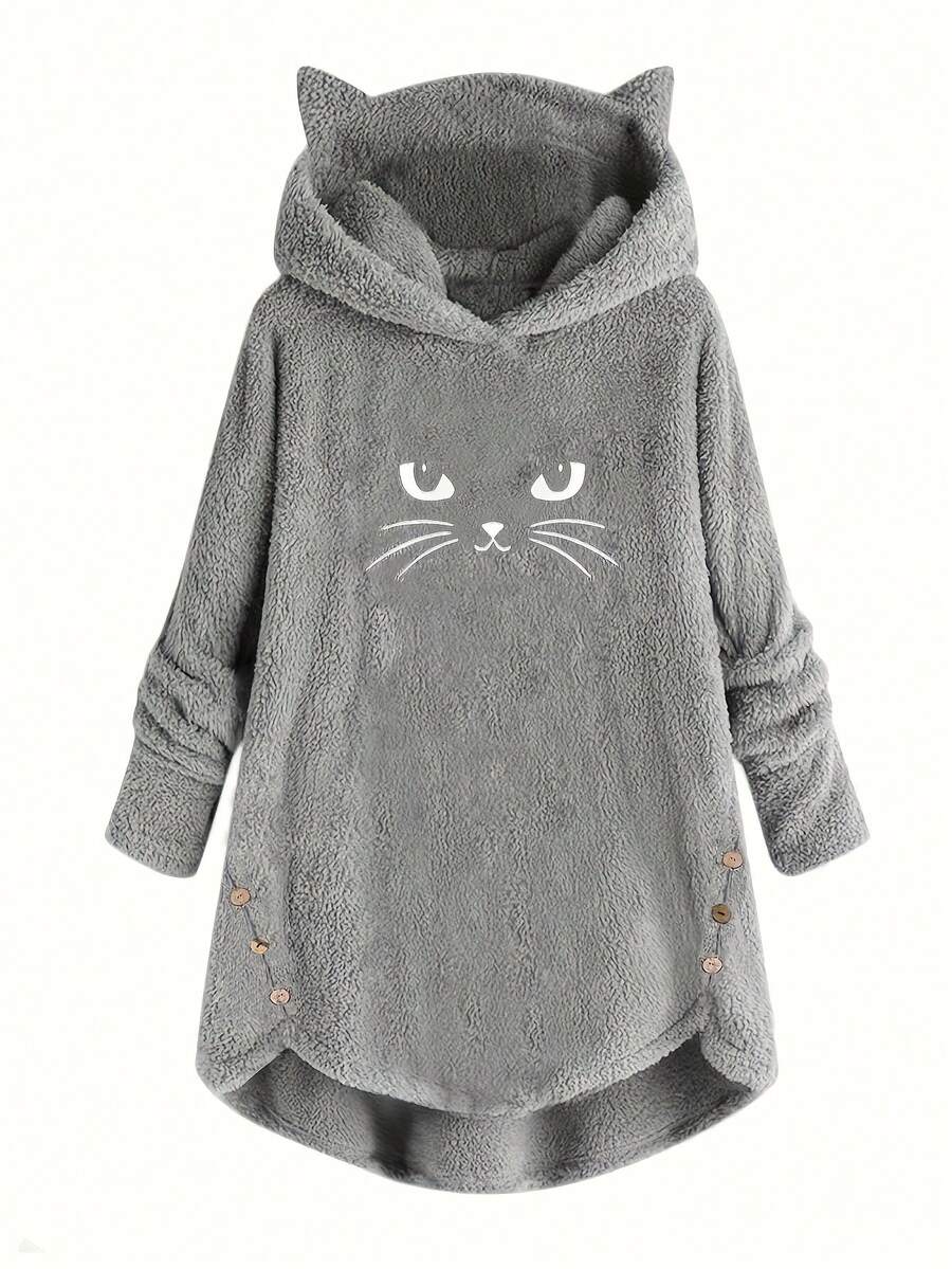 Women's Fashionable Solid Color Reversible Fluffy Cat Ear Hoodie,Long Sleeve Tops - Grey - View 1