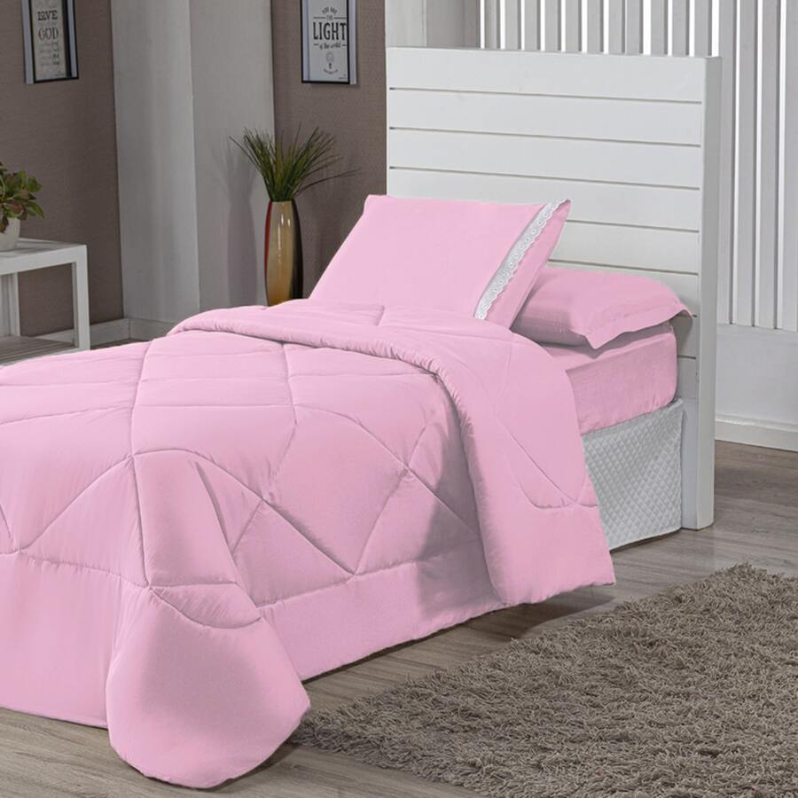 4 Piece Kit Double-Sided Single Duvet + 2 Piece Sheet Set - Pink - View 1
