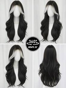 NAMM Black Long Wavy Wig For Women Curly Wig With Curtain Bangs Mixed Gray White Highlighted Hair Heat Resistant Synthetic Costume Wigs For Girls Daily Party Cosplay Halloween Use 28 Inch