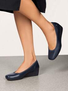 Women Wedge Heeled Pumps 1.57 Inch Heels Square Toe Slip On With Arch Support Comfortable Elegant Work Office Bussines Ladies Shoes - Blue - View 3