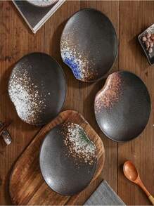 1pc Black Sushi Plate, Ceramic Dish For Seafood Salad, Simple Home Dining - Multicolor - View 4