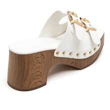 Thick-Soled Wedge Sandals With Buckle And Rivet Details - White - View 4