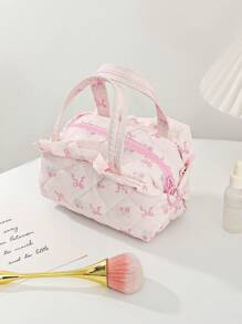 1Pc Pink Bow Knot And Floral Pattern Quilted Multifunctional Cosmetic Organizer Handbag Bath Shower Wallet Pouch Portable Cosmetics Brush Storage Clutch With Zipper Closure For Lipstick, Brush, Skincare, Mobile Phone, Coin, Small Items, For Home, Travel, Vacation And School Use,Makeup Bag Makeup Travel Essentials Travel Accessories Travel Must Haves