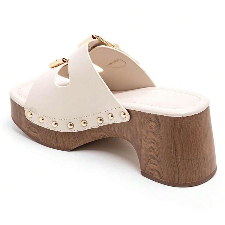 Thick-Soled Wedge Sandals With Buckle And Rivet Details - Beige - View 5