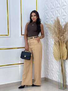 Wide Leg Tailored Dress Pants With Belt - Beige - View 4