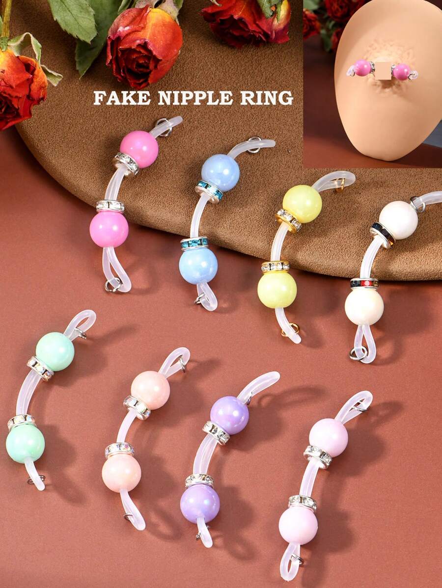 1Pair Fake Nipple Rings - Adjustable Fit Daily Wear Nipple Nooses - 8mm Candy Beads, Fake Nipple Jewelry Faux Nipple Piercing Non Pierce Faux Barbells, Fake Nipple Piercings, Valentine For Lovers