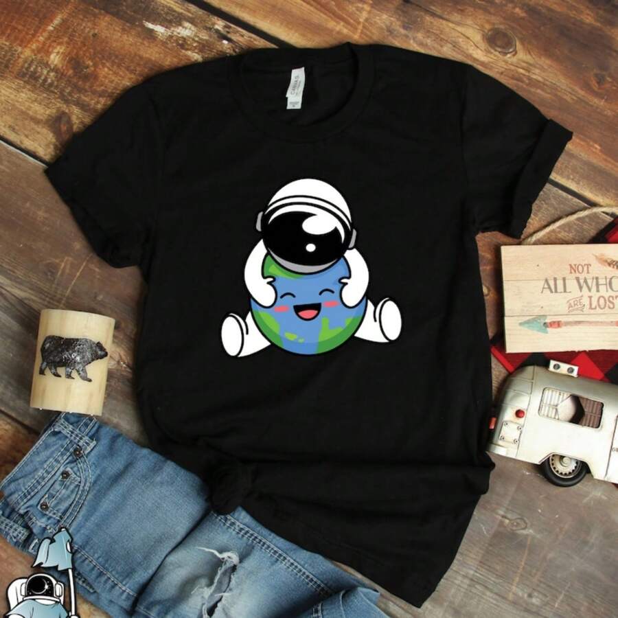 Astronaut Hugging Planet Shirt, Earth Day Shirts, Earth Gifts, Outer Space And Science Gift TShirt - Black - View 1