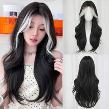 NAMM Black Long Wavy Wig For Women Curly Wig With Curtain Bangs Mixed Gray White Highlighted Hair Heat Resistant Synthetic Costume Wigs For Girls Daily Party Cosplay Halloween Use 28 Inch