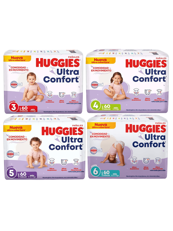 Huggies UltraConfort Pañales Desechables Etapa 3 / 4 / 5 / 6 Con 60 Pañales