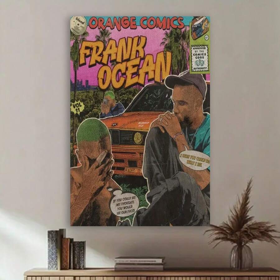 Wooden Framed Frank Ocean-Inspired Vintage Orange Comic Canvas Art Prints, Waterproof Soft Canvas Wall Decor For Home & Office, Perfect Gift For Bedroom And Lounge - Perfect For Room Decor For New Year, Valentinc'S Day, Living Room, Bathroom, Bedroom, Kitchen