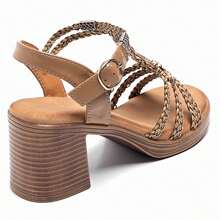 Heeled Sandals With Braided Strap And Beaded Details - KHAKI-8097 - View 4