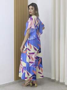 Women's Long Dress With Batwing Sleeves And Printed Padding - Maxma 8428 - Blue - View 4