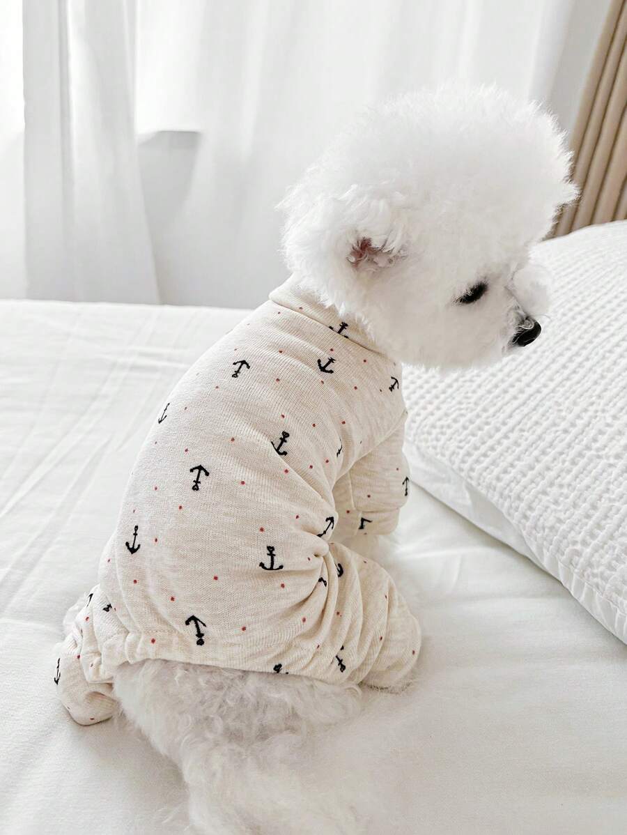 1pc Pet Clothes For Small Dogs & Cats, Cute & Stylish Outfit For Puppy/Kitten, Beige Anchor Pattern, Warm & Comfy Home Wear For Autumn/Winter