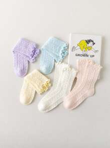 5 Pairs Girls Solid Color Net Lace Trim Mid-Calf Socks, Korean Ins Sweet Fresh Princess Lace Socks For School Students, Toddler-Big Kid