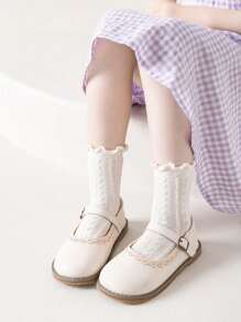 5 Pairs Girls Solid Color Net Lace Trim Mid-Calf Socks, Korean Ins Sweet Fresh Princess Lace Socks For School Students, Toddler-Big Kid