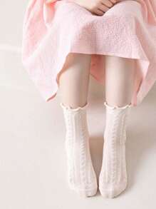 5 Pairs Girls Solid Color Net Lace Trim Mid-Calf Socks, Korean Ins Sweet Fresh Princess Lace Socks For School Students, Toddler-Big Kid