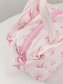 1Pc Pink Bow Knot And Floral Pattern Quilted Multifunctional Cosmetic Organizer Handbag Bath Shower Wallet Pouch Portable Cosmetics Brush Storage Clutch With Zipper Closure For Lipstick, Brush, Skincare, Mobile Phone, Coin, Small Items, For Home, Travel, Vacation And School Use,Makeup Bag Makeup Travel Essentials Travel Accessories Travel Must Haves