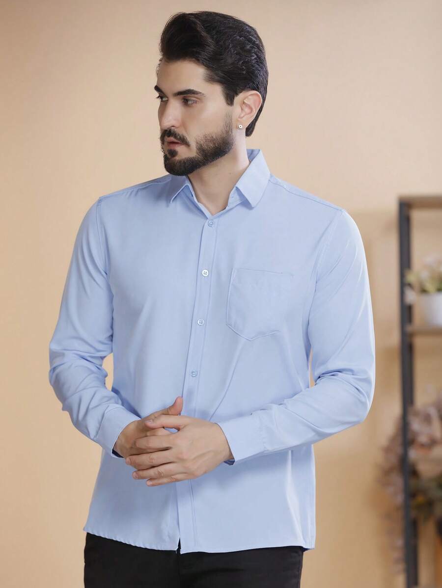Men's Long Sleeve Plain Dress Shirt With Pocket 2025 - Baby Blue - View 1