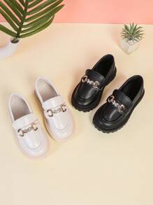 1 Pair Plus Size Girls' Ivory Soft Leather Shiny Rhinestone Butterfly Metal Buckle Decor Round Toe Flat Non-Slip Fashion Cute Princess Loafers, Suitable For 3-15 Years Old Female Students Daily Casual Party Holiday Wear, Spring/Autumn 2025 New (This Shoe Runs Large, Please Order One Size Down) - Beige - View 1