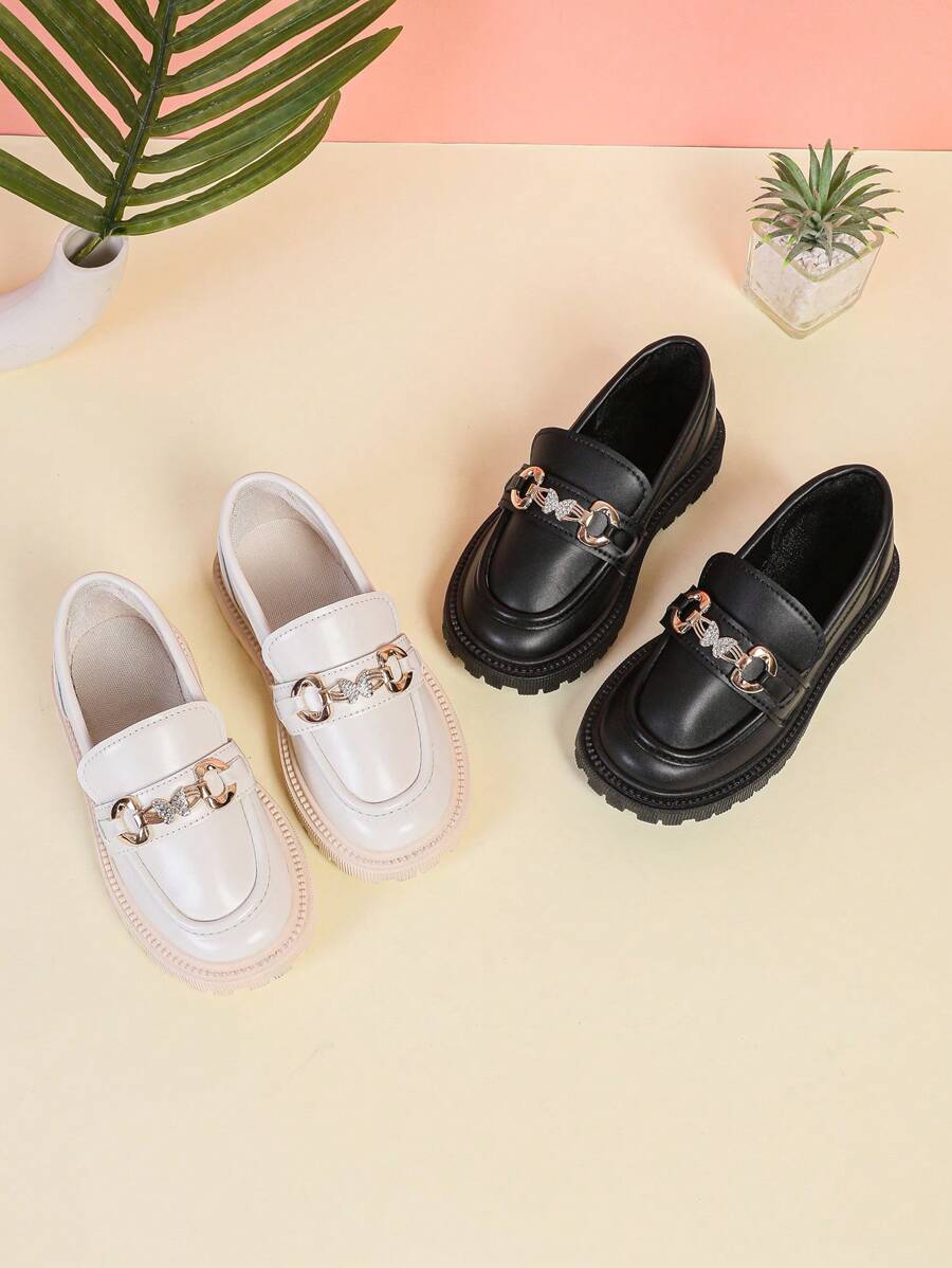 1 Pair Plus Size Girls' Ivory Soft Leather Shiny Rhinestone Butterfly Metal Buckle Decor Round Toe Flat Non-Slip Fashion Cute Princess Loafers, Suitable For 3-15 Years Old Female Students Daily Casual Party Holiday Wear, Spring/Autumn 2025 New (This Shoe Runs Large, Please Order One Size Down) - Beige - View 1
