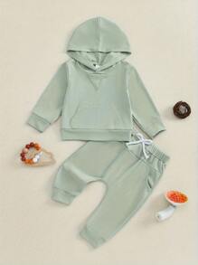 Baby Boy Fall Outfit Ribbed Long Sleeve Hoodie Sweatshirt And Elastic Pants 2 Piece Jogger Clothes For Toddler