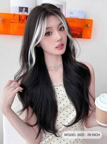 NAMM Black Long Wavy Wig For Women Curly Wig With Curtain Bangs Mixed Gray White Highlighted Hair Heat Resistant Synthetic Costume Wigs For Girls Daily Party Cosplay Halloween Use 28 Inch