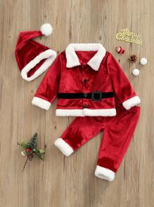 Baby Christmas Costume Santa Claus Outfit Velvet Long Sleeve Christmas Jacket+Long Pants +Xmas Hat Cosplay Clothes Toddler Baby Boys Girls Santa Costume Velvet Long Sleeve Christmas Jacket + Long Pants +Xmas Hat 3pcs Sets - Red - View 1