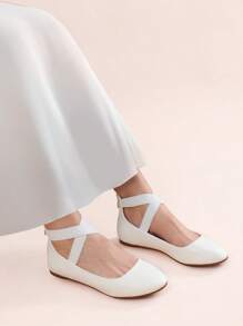 Women's Flats With Back Zipper Fashion Comfortable And Lightweight Cross Elastic Ankle Straps Daily Dressy Commuting Elegant Ballet Flats Shoes - 白色 - 查看 5