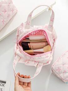 1Pc Pink Bow Knot And Floral Pattern Quilted Multifunctional Cosmetic Organizer Handbag Bath Shower Wallet Pouch Portable Cosmetics Brush Storage Clutch With Zipper Closure For Lipstick, Brush, Skincare, Mobile Phone, Coin, Small Items, For Home, Travel, Vacation And School Use,Makeup Bag Makeup Travel Essentials Travel Accessories Travel Must Haves