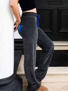 Women Loose Pants Star Patch Drawstring Elastic Waist Trousers Spring Fall Casual Sweatpants Bottoms - 棕色 - 查看 2